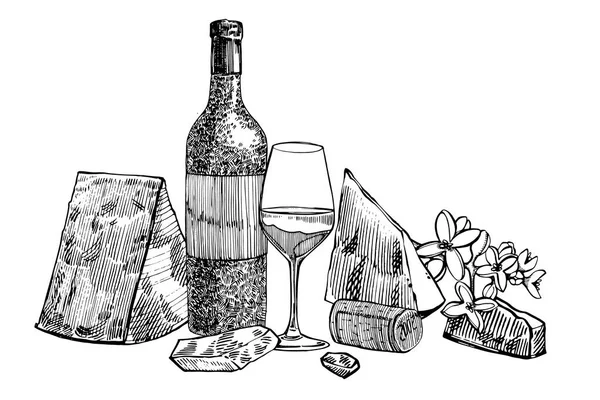 Composición de una botella de vino, dos copas, queso parmesano, uvas y hojas con aceitunas. Ilustraciones de estilo grabado dibujado a mano. Banners de fondo vintage de vino . — Foto de Stock