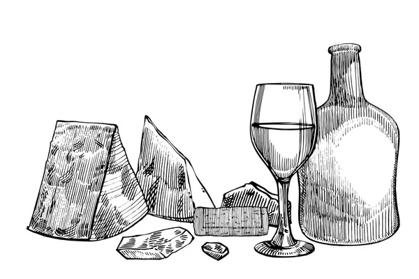 Egy üveg bor, két pohár, parmezán sajt, szőlő és olajbogyó levelek összetétele. Kézzel rajzolt gravírozás stílusú illusztrációk. Bannerek a bor vintage háttér. — Stock Fotó