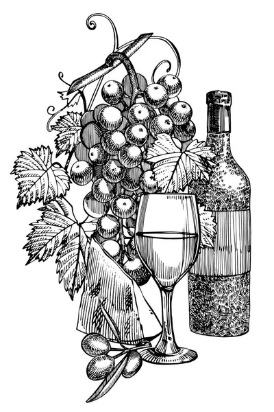 Composition of a bottle of wine, two glasses, parmesan cheese, grapes and leaves with olives. Hand drawn engraving style illustrations. Banners of wine vintage background.