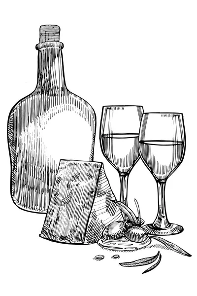 Composizione di una bottiglia di vino, due bicchieri, parmigiano, uva e foglie con olive. Illustrazioni disegnate a mano in stile incisione. Banner di vino vintage sfondo . — Foto Stock