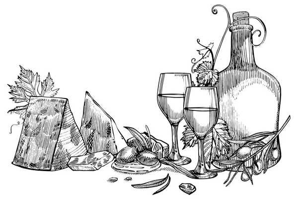 Composizione di una bottiglia di vino, due bicchieri, parmigiano, uva e foglie con olive. Illustrazioni disegnate a mano in stile incisione. Banner di vino vintage sfondo . — Foto Stock