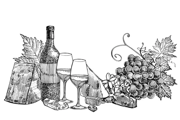 Composizione di una bottiglia di vino, due bicchieri, parmigiano, uva e foglie con olive. Illustrazioni disegnate a mano in stile incisione. Banner di vino vintage sfondo . — Foto Stock