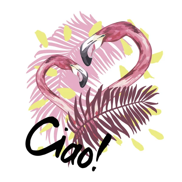 Ilustración de verano con flamenco. Tropical Bird. Diseño de verano. Camiseta Fashion Graphic. Letras dibujadas a mano. Caligrafía de Ciao . —  Fotos de Stock