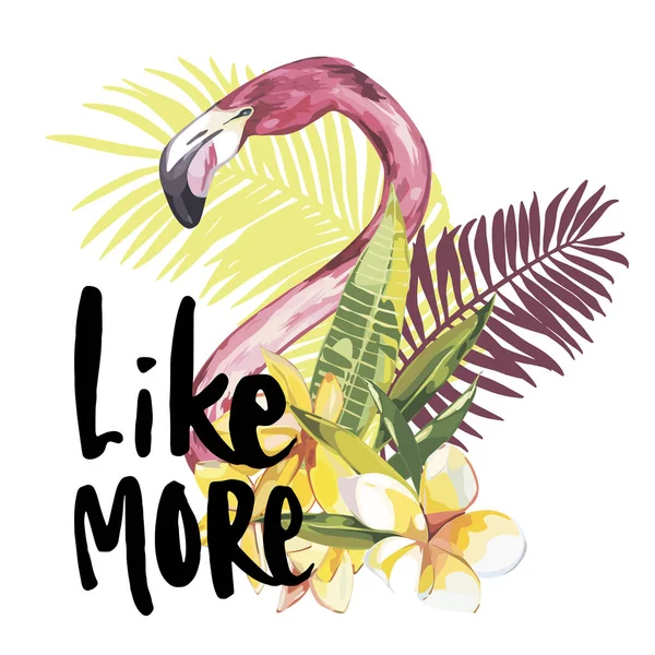 Ilustração de verão com flamingo. Pássaro tropical. Design de Verão. T-shirt Fashion Graphic. Frase desenhada à mão Como mais . — Fotografia de Stock