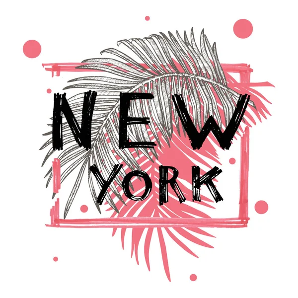 Tropik yaprakları ile tipografi sloganı. T shirt baskı için el çizilmiş New York. — Stok fotoğraf