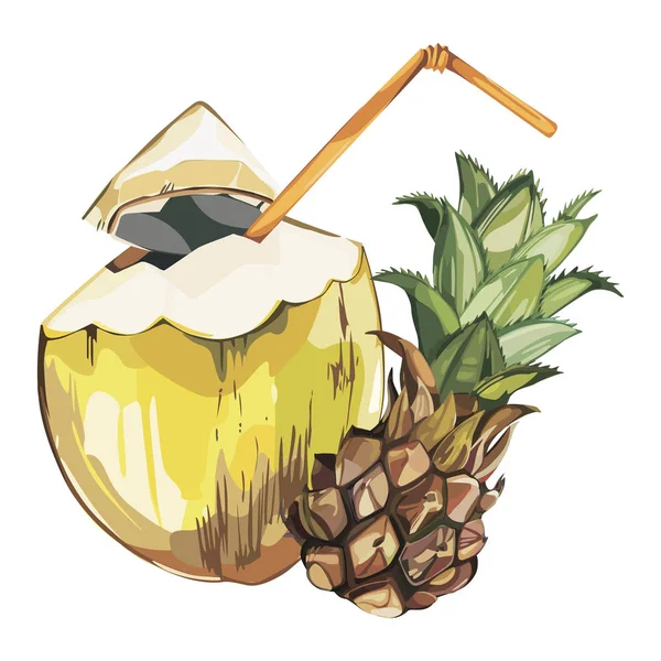 Kokosnoot hand getekende schets met ananas fruit. Aquarel tropische voedsel illustratie. Geïsoleerd op witte achtergrond. — Stockfoto