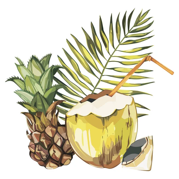 Coconut hand drawn sketch with Pineapple fruit. Watercolor tropical food illustration. Isolated on white background. — Stock Photo, Image