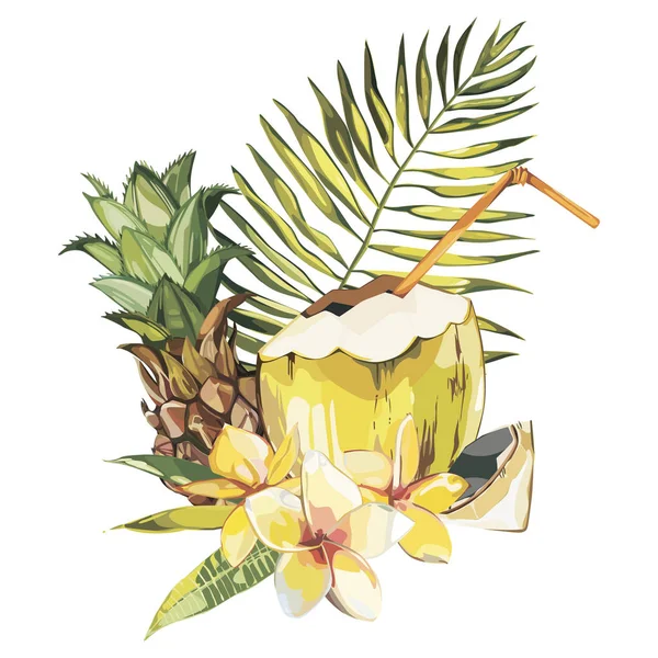 Esboço desenhado à mão de coco com fruta de abacaxi. Watercolor ilustração de comida tropical. Isolado sobre fundo branco . — Fotografia de Stock