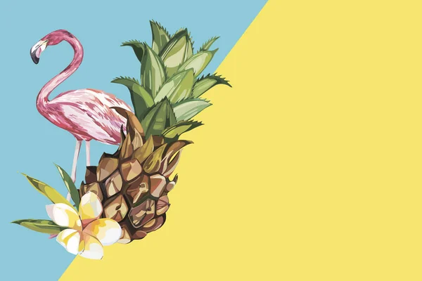 Ananas con fiori tropicali e fenicottero. Elemento per la progettazione di inviti, manifesti cinematografici, tessuti e altri oggetti. Isolato su bianco . — Foto Stock