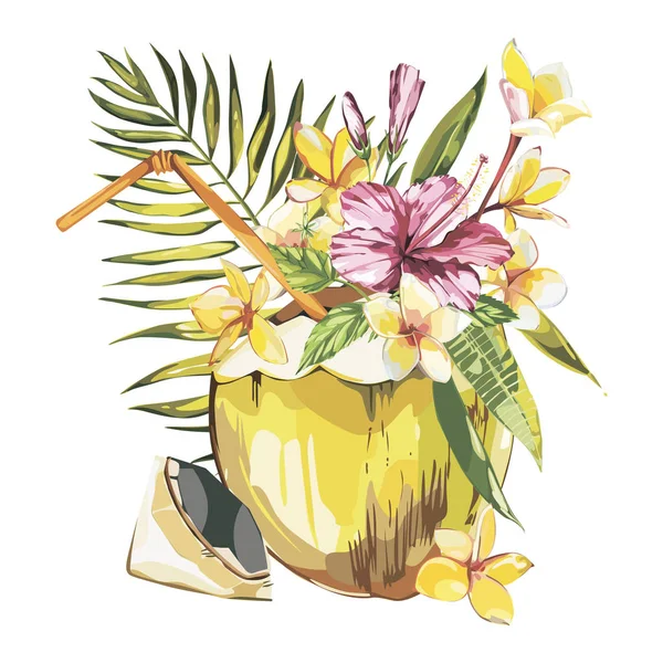 Schizzo disegnato a mano di cocco con plumeria e fiori di ibisco rosa. Illustrazione di cibo tropicale ad acquerello. Isolato su sfondo bianco . — Foto Stock