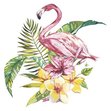 Flamingo tropikal çiçeklerle. Tasarım davetiye, film afişleri, kumaşlar ve diğer nesneler için öğe. Beyaz izole.