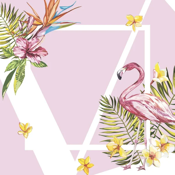 Afiş, flamingo lu poster, palmiye yaprakları, orman yaprağı. Güzel çiçek tropikal yaz arka plan. — Stok fotoğraf