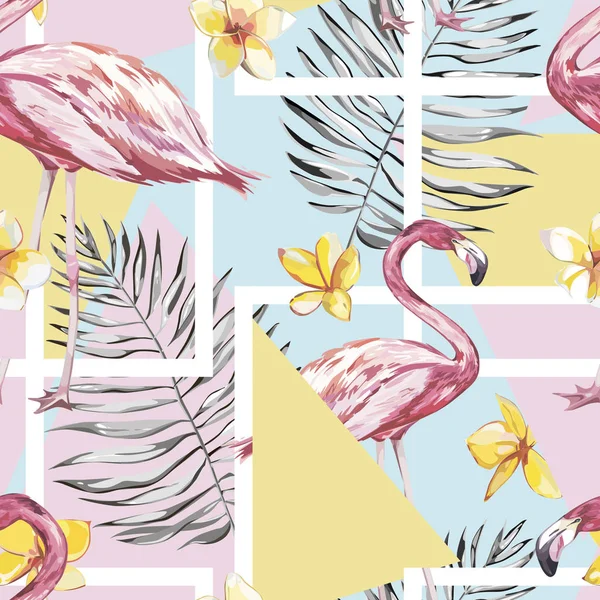 Nahtloses Muster mit tropischem Flamingo und Blumen. Element für die Gestaltung von Einladungen, Filmplakaten, Stoffen und anderen Objekten. isoliert auf weiß. Geometrie eingestellt. — Stockfoto