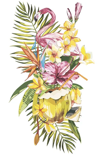 Noix de coco et flamant rose avec des fleurs exotiques aquarelle illustrations tropicales . — Photo