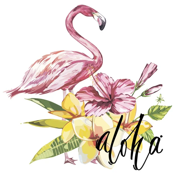 Word- Aloha. Flamingo with tropical flowers. Element for design of invitations, movie posters, fabrics and other objects. Isolated on white.