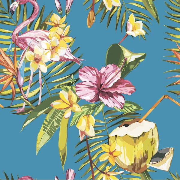 Nahtloses Muster mit tropischen Blumen, Kokosnuss und Flamingo. Element für die Gestaltung von Einladungen, Filmplakaten, Stoffen und anderen Objekten. isoliert auf weiß. — Stockfoto