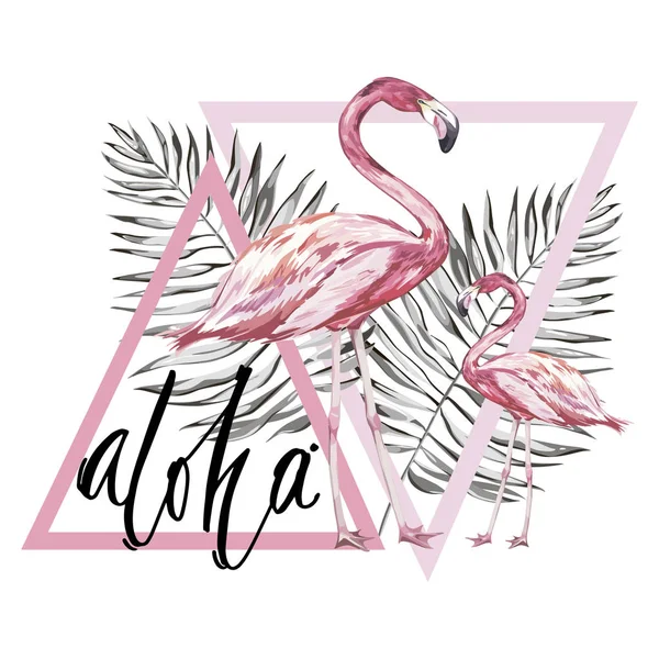 Word- Aloha. Flamingo with tropical flowers. Element for design of invitations, movie posters, fabrics and other objects. Isolated on white.