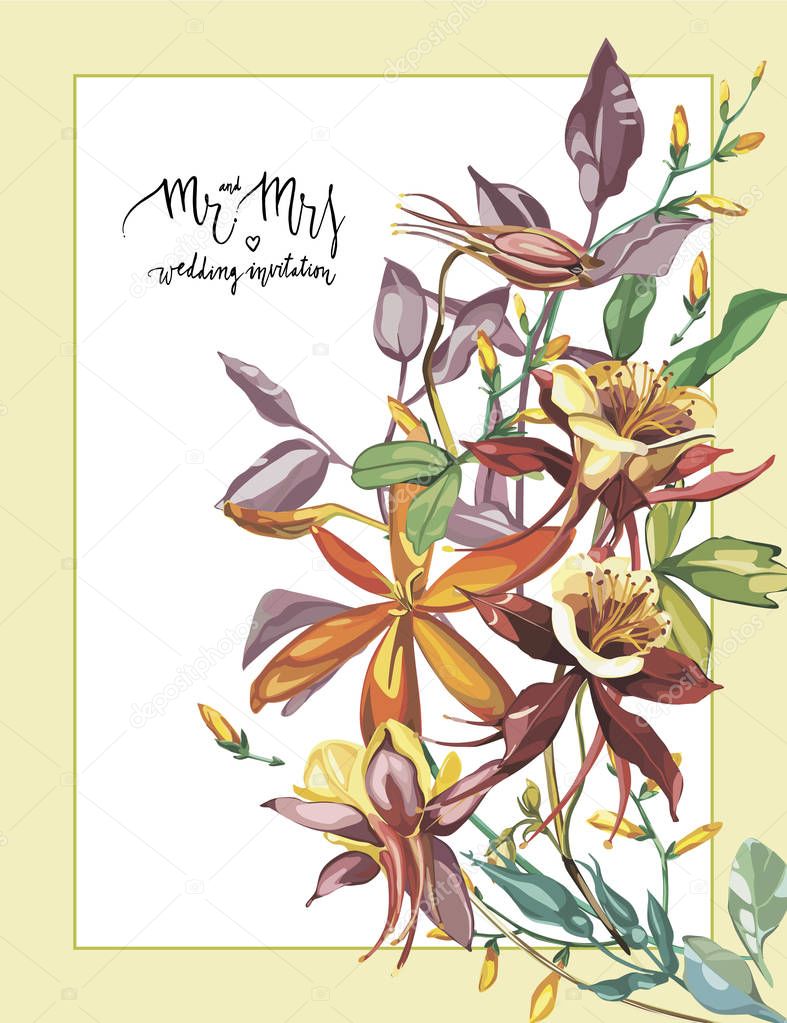 Decorative letter - Mr and mrs. Summer flower Crocosmia, Aquilegia frame in a watercolor style isolated. Aquarelle flower could be used for background, texture, wrapper pattern, frame or border.
