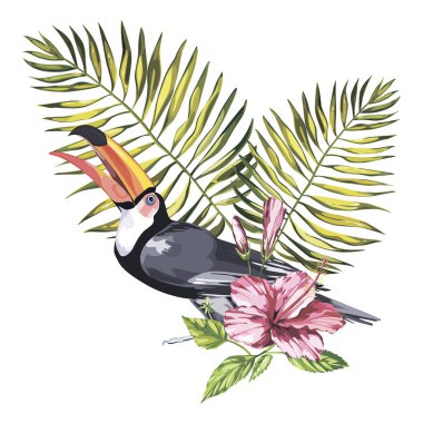 Toucan tropikal çiçek ve yaprak ile. Tasarım davetiye, film afişleri, kumaşlar ve diğer nesneler için öğe. Beyaz izole.