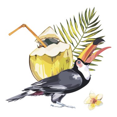 Tropik çiçekleri olan Toucan. Davetiyeler, film posterleri, kumaşlar ve diğer nesnelerin tasarımı için öğe. Beyaz üzerine izole.