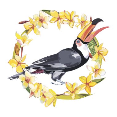 Tropik çiçekleri olan Toucan. Davetiyeler, film posterleri, kumaşlar ve diğer nesnelerin tasarımı için öğe. Beyaz üzerine izole.