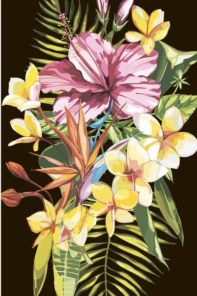 バナー、プルメリアの花とポスター、ジャングルの葉。美しい花の熱帯夏の背景. — ストック写真