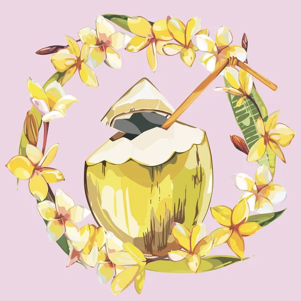 Кокосовый ручной рисунок с цветами плюмерии. Акварель тропических пищевых иллюстраций. Изолированный на белом фоне . — стоковое фото