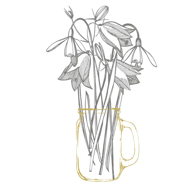 Campanas y gotas de nieve flores. Ramo de flores y hierbas dibujadas a mano. Ilustración de plantas botánicas . —  Fotos de Stock