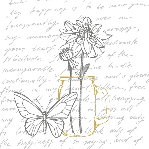 Hand getekende inkt dahlia's. Florale elementen. Grafische bloemen illustraties. Botanische plant illustratie. Handgeschreven abstracte tekst. — Stockfoto