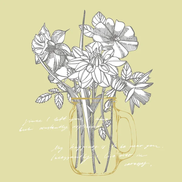 Narcissus, rozen een bloemen boeket van Dahlia's geïsoleerd op witte achtergrond. Set van tekening korenbloemen, florale elementen, hand getekende botanische illustratie. Handgeschreven abstracte tekst. — Stockfoto