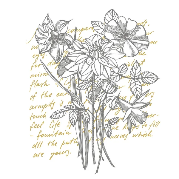 Güller ve Dahlias çiçek buketi beyaz arka plan üzerinde izole. Çizim cornflowers, çiçek elemanları, el çizilmiş botanik illüstrasyon seti. El yazısı soyut metin. — Stok fotoğraf