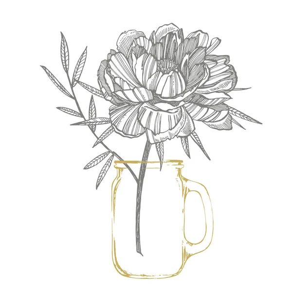 Şakayık çiçek ve yaprakları çizim. El çizilmiş oyma çiçek seti. Botanik çizimler. Dövme, davetiye, tebrik kartları için harika. — Stok fotoğraf