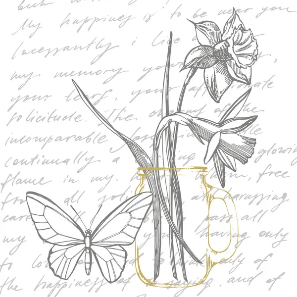 Narcissen of Narcissus bloem tekeningen. Collectie van hand getekende zwart-wit narcissen. Hand getekende botanische illustraties. Handgeschreven abstracte tekst. — Stockfoto