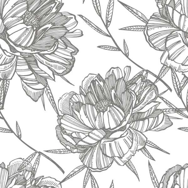 Pion blomma och löv ritning. Handritade graverad blomsterset. Botaniska illustrationer. Perfekt för tatuering, inbjudningar, gratulationskort. Sömlöst mönster. — Stockfoto