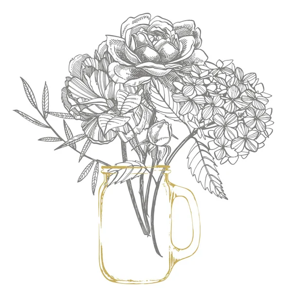 Bouquet. Flores de primavera y ramitas. Peonías, hortensias, rosas. Ilustración botánica vintage. Conjunto blanco y negro de dibujos acianos, elementos florales, ilustración botánica dibujada a mano . — Foto de Stock