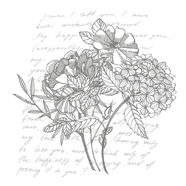 Buket. Bahar Çiçekleri ve dallar. Şakayık, Ortanca, Rose. Vintage botanik illüstrasyon. Siyah ve beyaz çizim cornflowers, çiçek elemanları, el çizilmiş botanik illüstrasyon seti. El yazısı — Stok fotoğraf