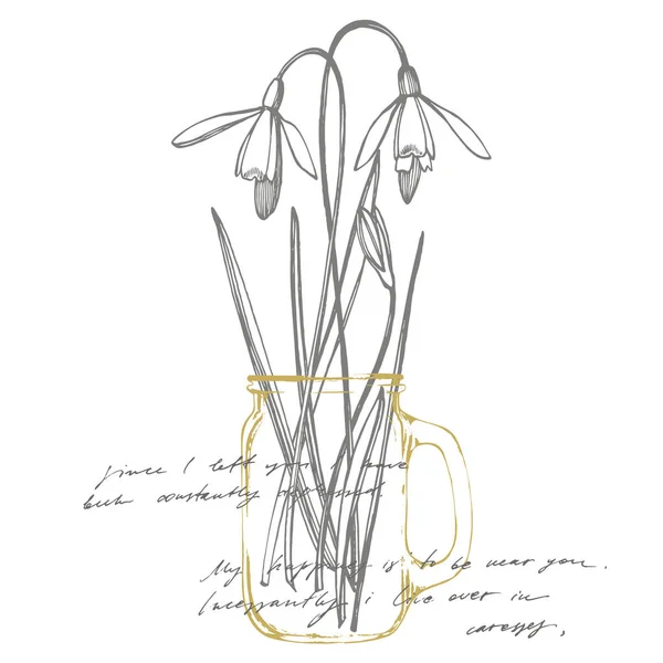 Flores de primavera de neve. Ilustração botânica da planta. Vintage ervas medicinais esboço conjunto de tinta mão desenhada ervas medicinais e plantas esboço. Papel de parede texto abstrato manuscrito . — Fotografia de Stock