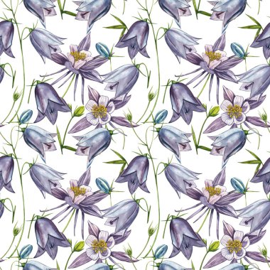 Çan çiçeği çiçekleri, yaprakları ve buketleri ayarlayın. Kusursuz desenler. Çiçek ve yaprakların suluboya seti, beyaz bir arka plan üzerinde izole el çizilmiş çiçek illüstrasyon. Botanik sanatı.