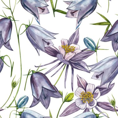 Çan çiçeği çiçekleri, yaprakları ve buketleri ayarlayın. Kusursuz desenler. Çiçek ve yaprakların suluboya seti, beyaz bir arka plan üzerinde izole el çizilmiş çiçek illüstrasyon. Botanik sanatı.