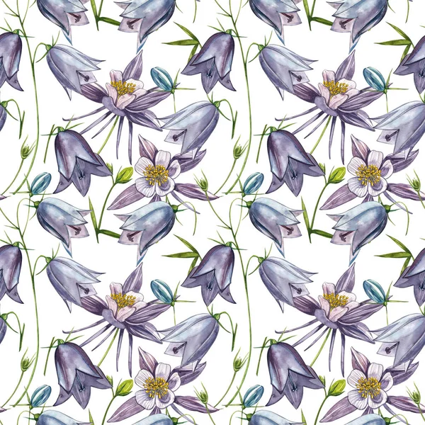 Çan çiçeği çiçekleri, yaprakları ve buketleri ayarlayın. Kusursuz desenler. Çiçek ve yaprakların suluboya seti, beyaz bir arka plan üzerinde izole el çizilmiş çiçek illüstrasyon. Botanik sanatı.