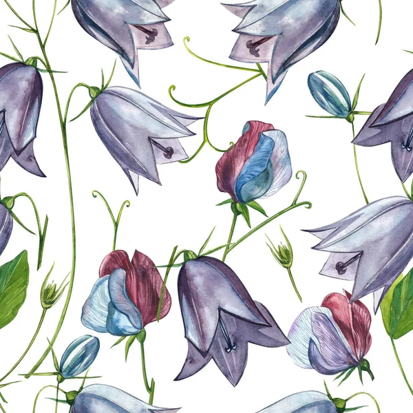 Çan çiçeği çiçekleri, yaprakları ve buketleri ayarlayın. Kusursuz desenler. Çiçek ve yaprakların suluboya seti, beyaz bir arka plan üzerinde izole el çizilmiş çiçek illüstrasyon. Botanik sanatı.