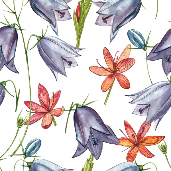 Çan çiçeği çiçekleri, yaprakları ve buketleri ayarlayın. Kusursuz desenler. Çiçek ve yaprakların suluboya seti, beyaz bir arka plan üzerinde izole el çizilmiş çiçek illüstrasyon. Botanik sanatı.