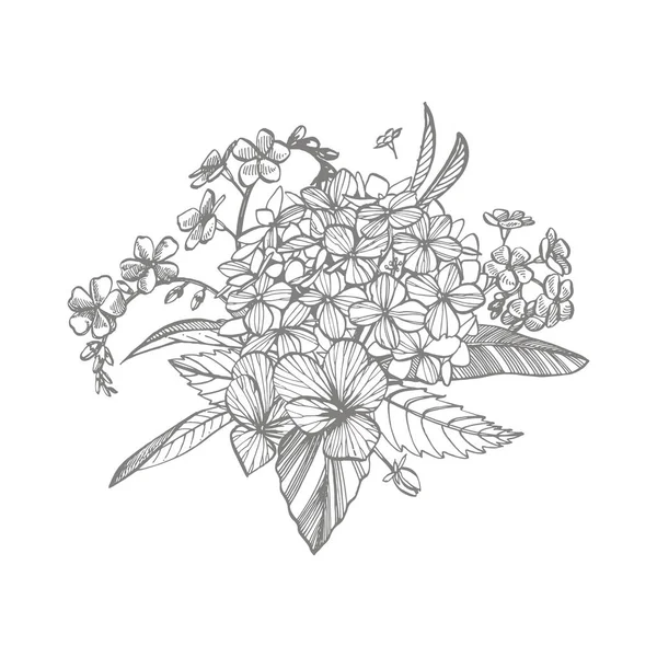 花束。春の花と小枝。ピオニセ、アジサイ、ローズヴィンテージ植物イラスト。●描き下ろしコーンフラワー、花の要素、手描きの植物イラストの黒と白のセット. — ストック写真