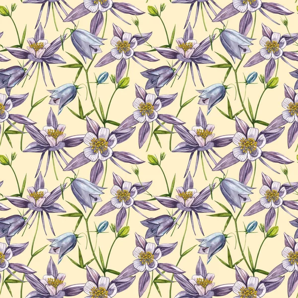 Çift Columbine çiçekleri. Kusursuz desen. El çizilmiş çiçek ve bitkilerin toplanması. Çiçek ve yaprakların suluboya seti, beyaz bir arka plan üzerinde izole el çizilmiş çiçek illüstrasyon. Botanik