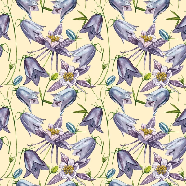 Bellflower Blossoms, löv och buketter set. Sömlösa mönster. Akvarell uppsättning av blommor och löv, handritad blommig illustration isolerad på en vit bakgrund. Botanisk konst. — Stockfoto
