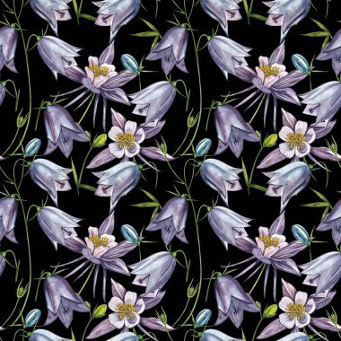 Çan çiçeği çiçekleri, yaprakları ve buketleri ayarlayın. Kusursuz desenler. Çiçek ve yaprakların suluboya seti, beyaz bir arka plan üzerinde izole el çizilmiş çiçek illüstrasyon. Botanik sanatı.