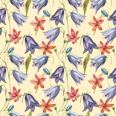 Çan çiçeği çiçekleri, yaprakları ve buketleri ayarlayın. Kusursuz desenler. Çiçek ve yaprakların suluboya seti, beyaz bir arka plan üzerinde izole el çizilmiş çiçek illüstrasyon. Botanik sanatı.