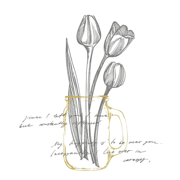 Tulipa flor gráfico esboço ilustração. Ilustração botânica da planta. Vintage ervas medicinais esboço conjunto de tinta mão desenhada ervas medicinais e plantas esboço. Texto abstrato manuscrito —  Vetores de Stock