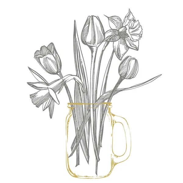 白い背景に孤立したチューリップとナルキッソスの花束。●描き下ろしコーンフラワー、花の要素、手描きの植物イラストのセット — ストックベクタ