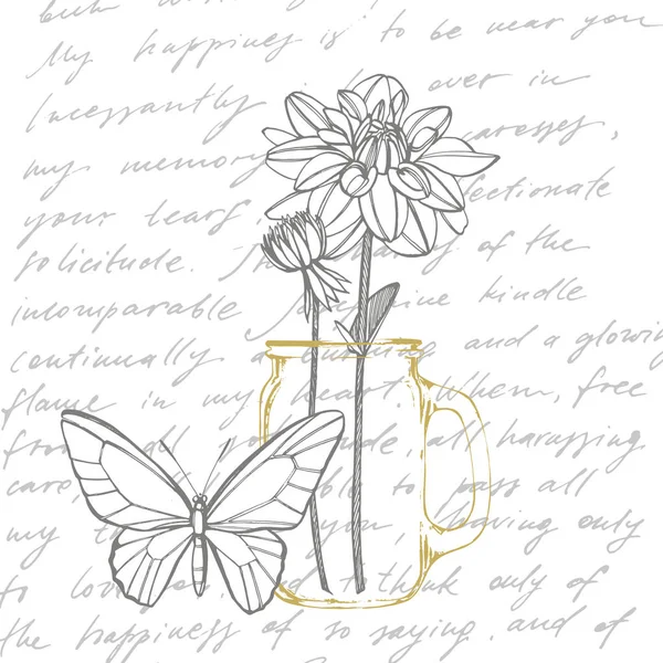 Encre dessinée à la main dahlias. Éléments floraux. illustrations de fleurs graphiques. Illustration botanique. Texte abstrait manuscrit — Image vectorielle